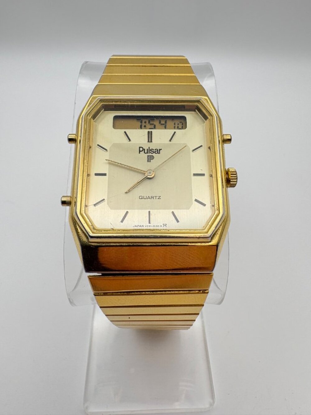 Vintage Pulsar Ana-Digi Gold Tone Watch V031-5080 R1 Octagon Case Stainless Back